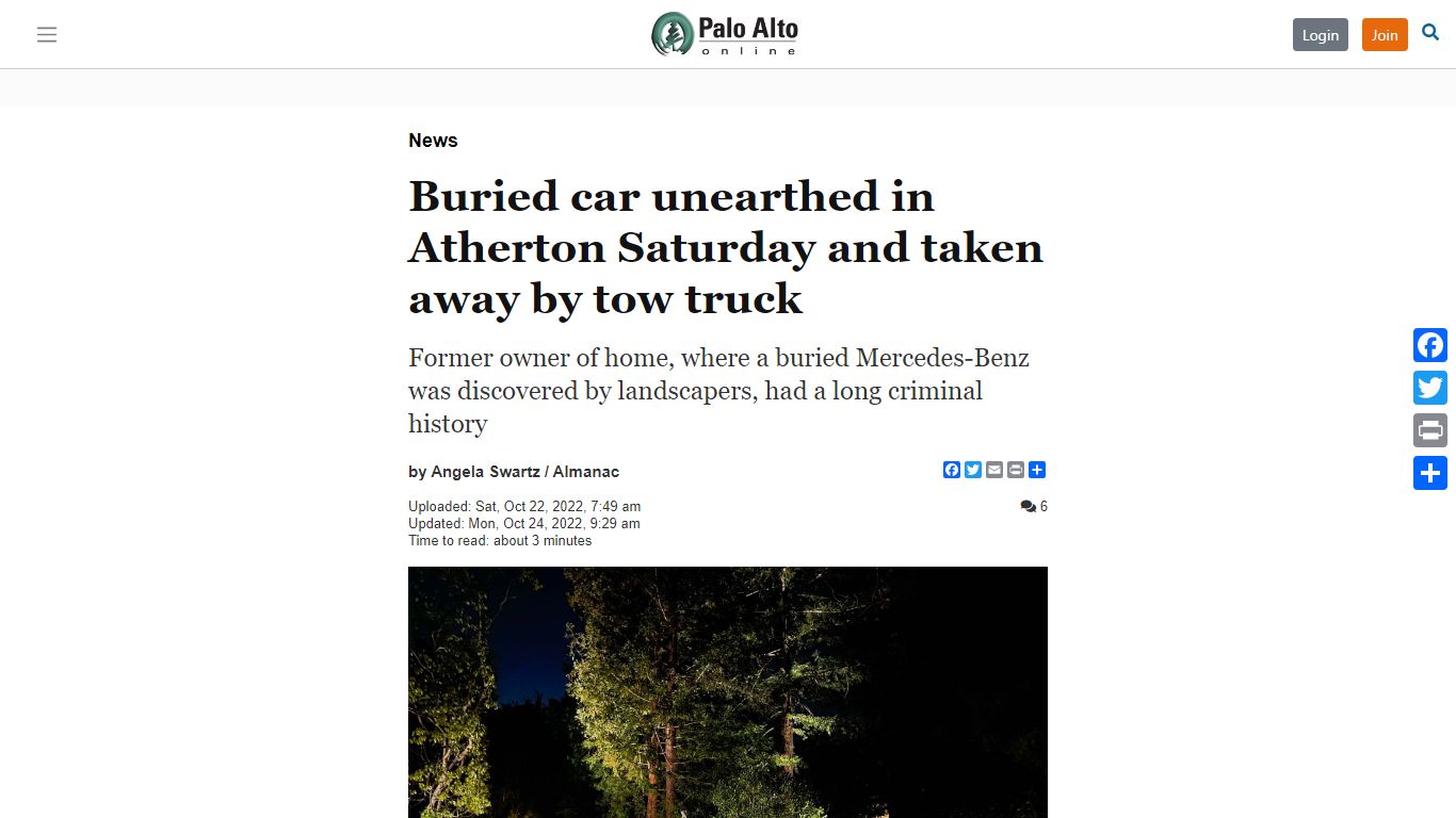 Buried car unearthed in Atherton Saturday and taken away by tow truck ...